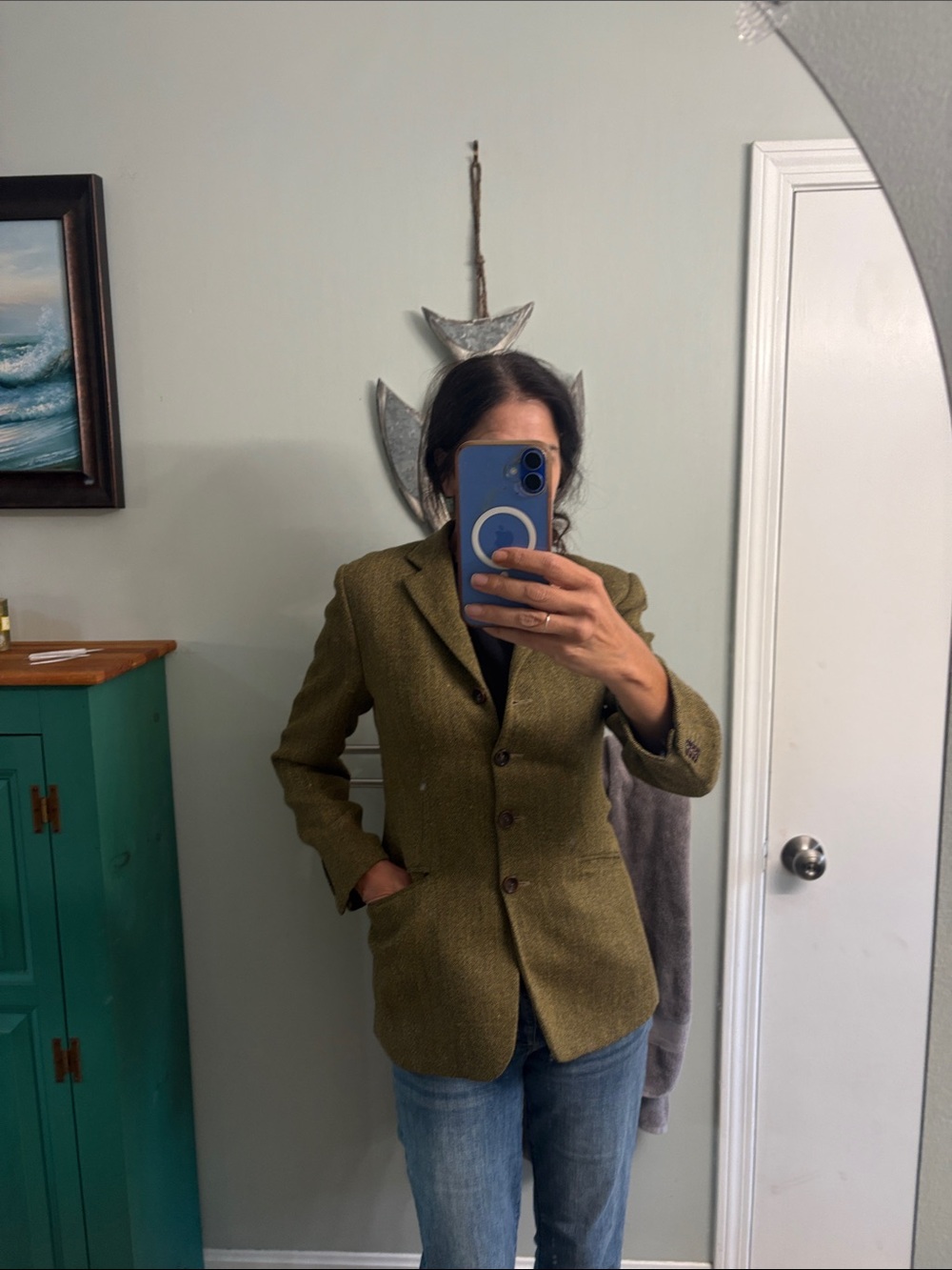 Vintage Barneys New York Tweed Blazer Olive Green 100% Wool made in Italy - Picture 9 of 9